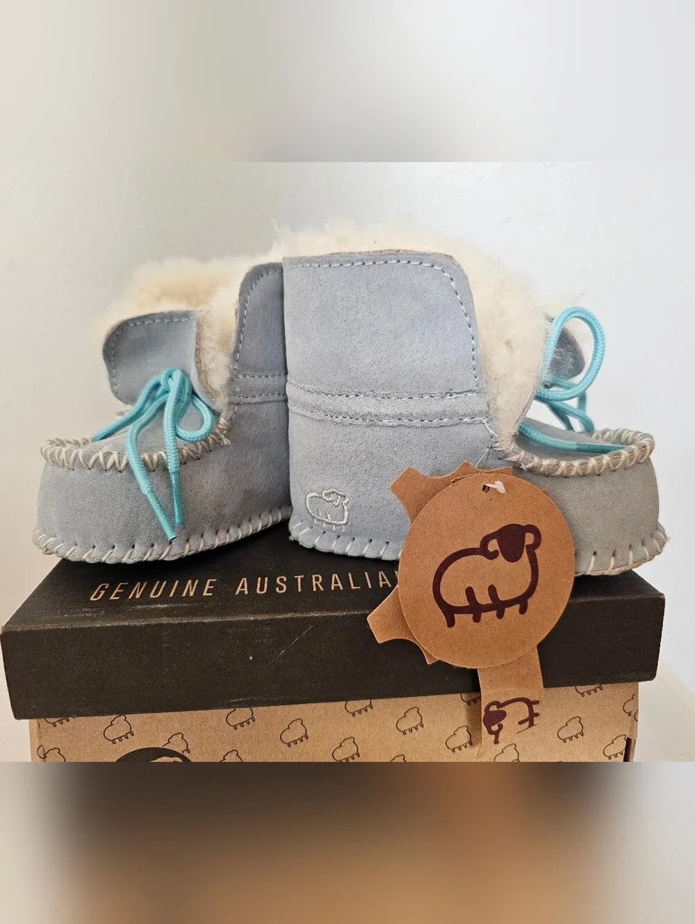 Lamo Light Blue Leather Moccasin Booties For Baby